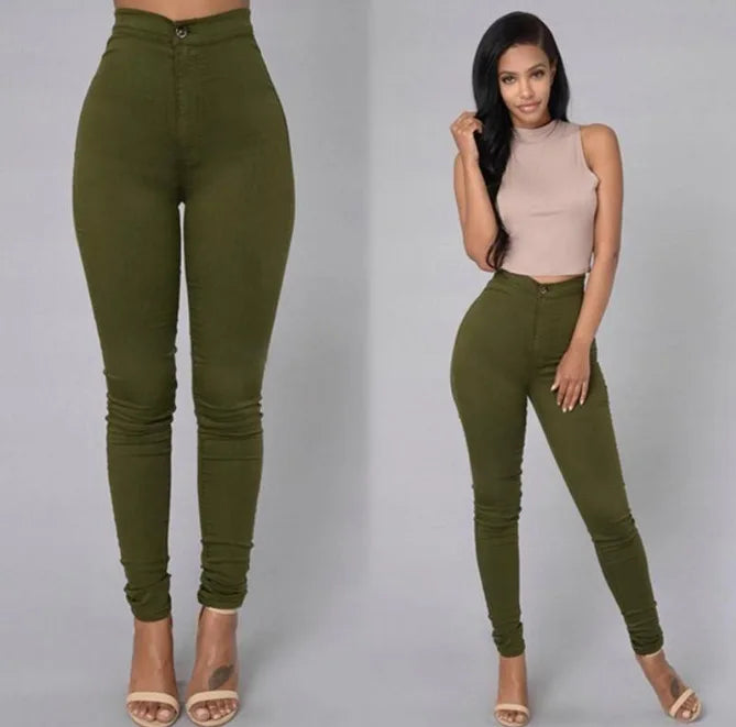 White and black high-waist skinny jeans for women, casual denim pencil pants with vintage style and long, slim fit design.