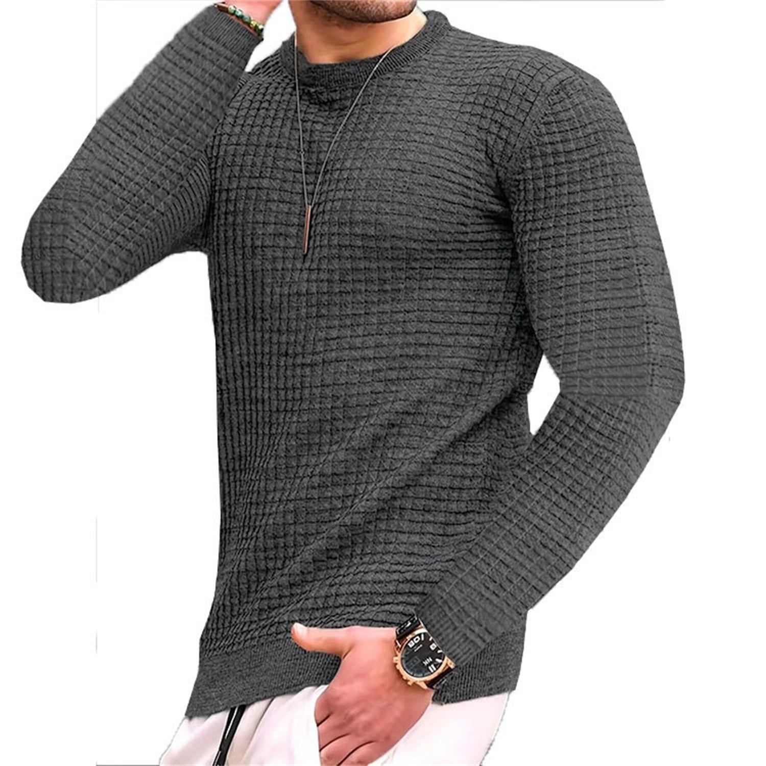 Men's check pattern waffle hoodie with round neck and jacquard design by Showlu Fashion Store, featuring a small check pattern.