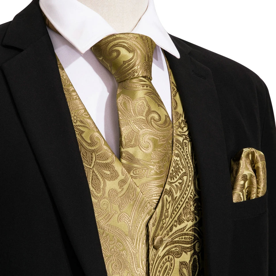 Men's luxury golden floral paisley V-collar vest with cufflinks and hankerchief, ideal for wedding or formal wear.