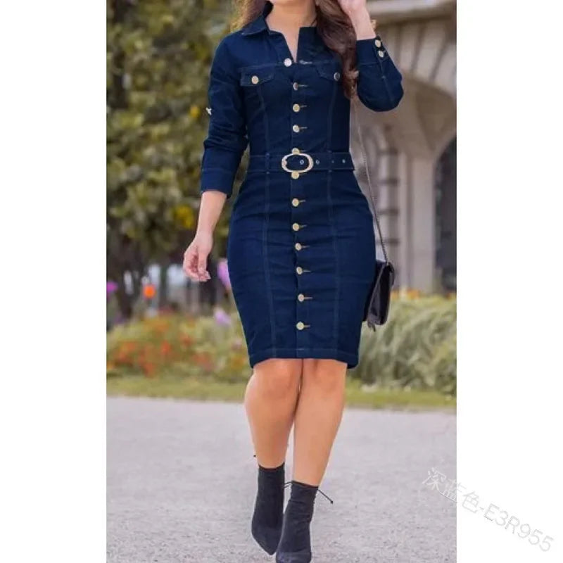 Single-Breasted Long Bodycon Dress Slim Sexy Fashion Denim Dress Multi-Button Decorative Lapel Long Sleeve Denim Muse Dress
