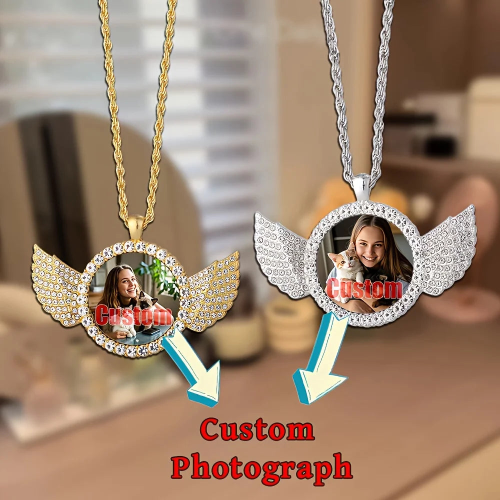 Showlu Custom Angel Wing photo necklace with zinc alloy memory pendant, featuring a detailed angel wing design.