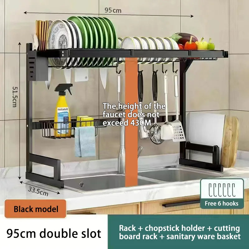 Stainless steel kitchen sink dish drain rack and utensil holder with multiple slots and compartments for drying dishes and utensils.