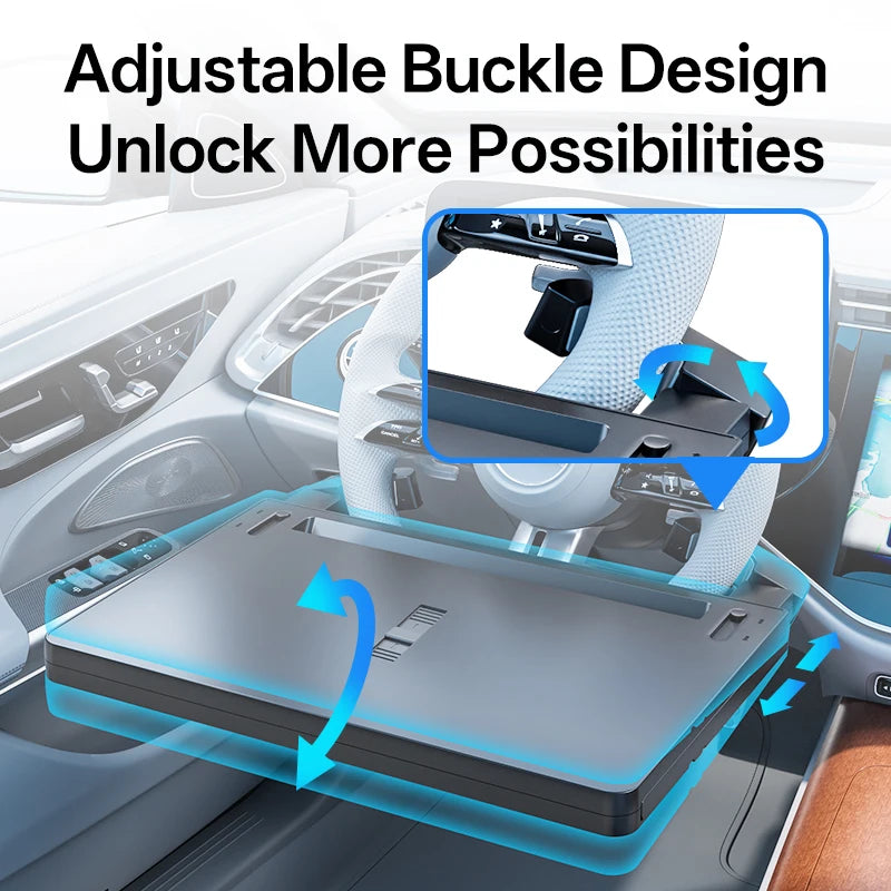 Showlu Smart General car steering wheel tray attached to a steering wheel, designed for holding beverages, snacks, or small items.