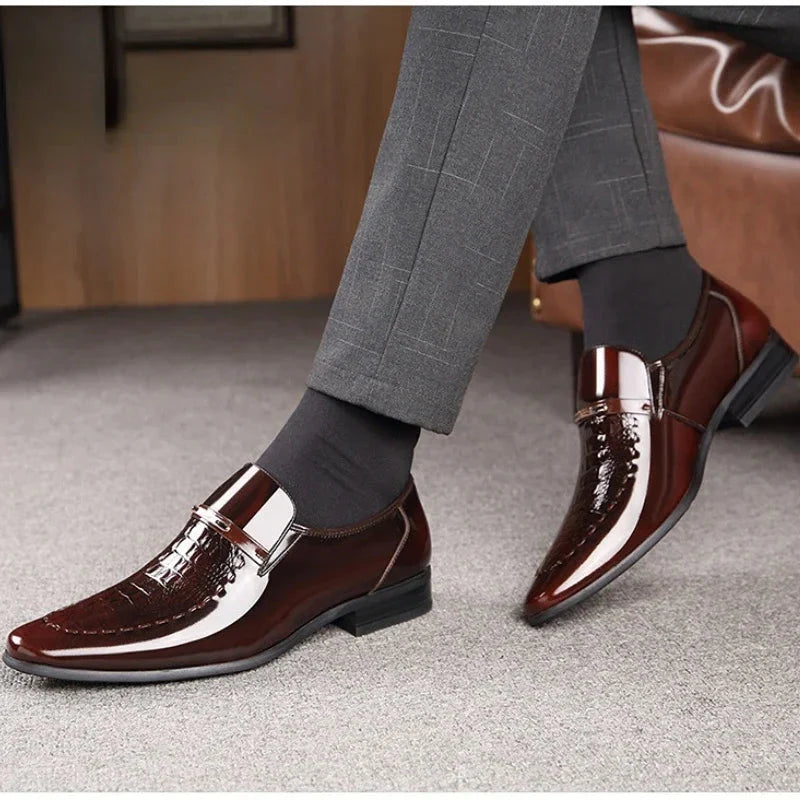 Men's black patent leather Oxford shoes with sleek design and height-increasing formal loafers by SHOWLU FASHION STORE.