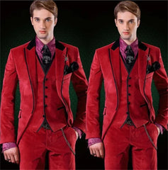 Men's Red Velvet Three Pieces Suit Tuxedos Single Breasted Jacket Vest Pants Wedding Prom Banquet Busienss Tuxedos