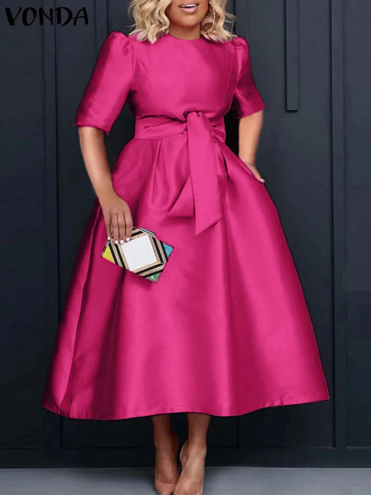 VONDA Women's satin midi dress with short sleeves and belt, elegant and stylish for formal or evening wear.