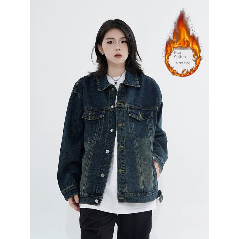 Vintage denim cowboy jacket by SHOWLU FASHION STORE with loose fit, cotton fabric, and polo collar for streetwear style.