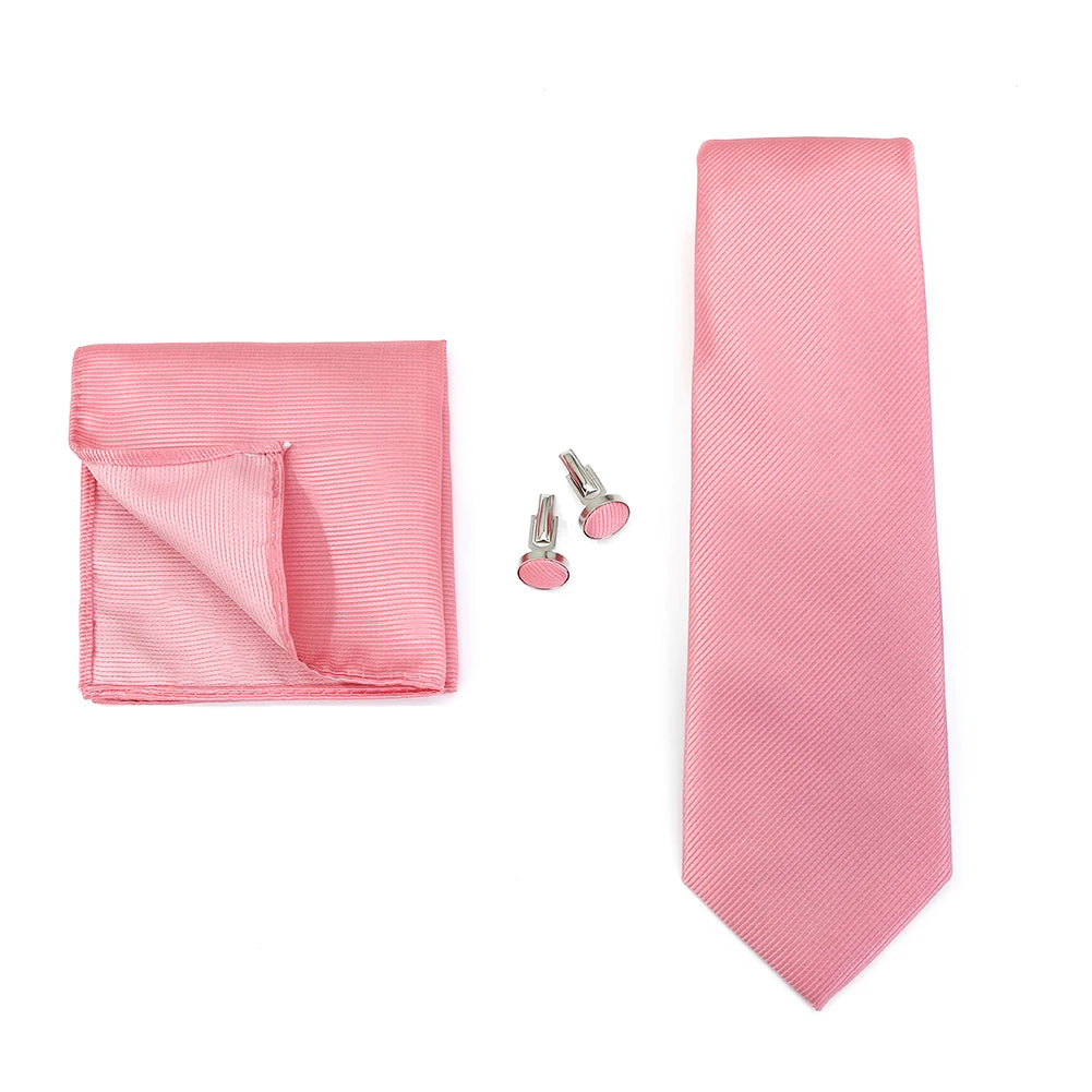 Solid color men's formal tie, woven jacquard necktie with matching handkerchief and cufflinks, ideal for wedding or business suits.