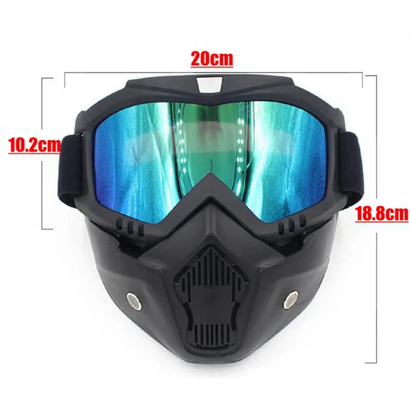 Full face bicycle helmet with anti-fog mask, safety goggles, and mouth filter for airsoft, paintball, and hunting activities.