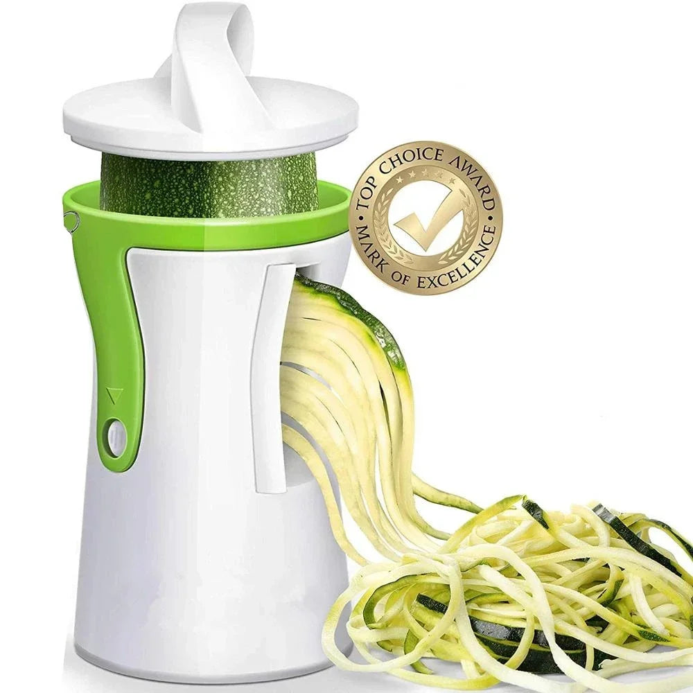 Stainless steel vegetable spiralizer with three blades from Showlu Smart General, showing the slicer ready for use.