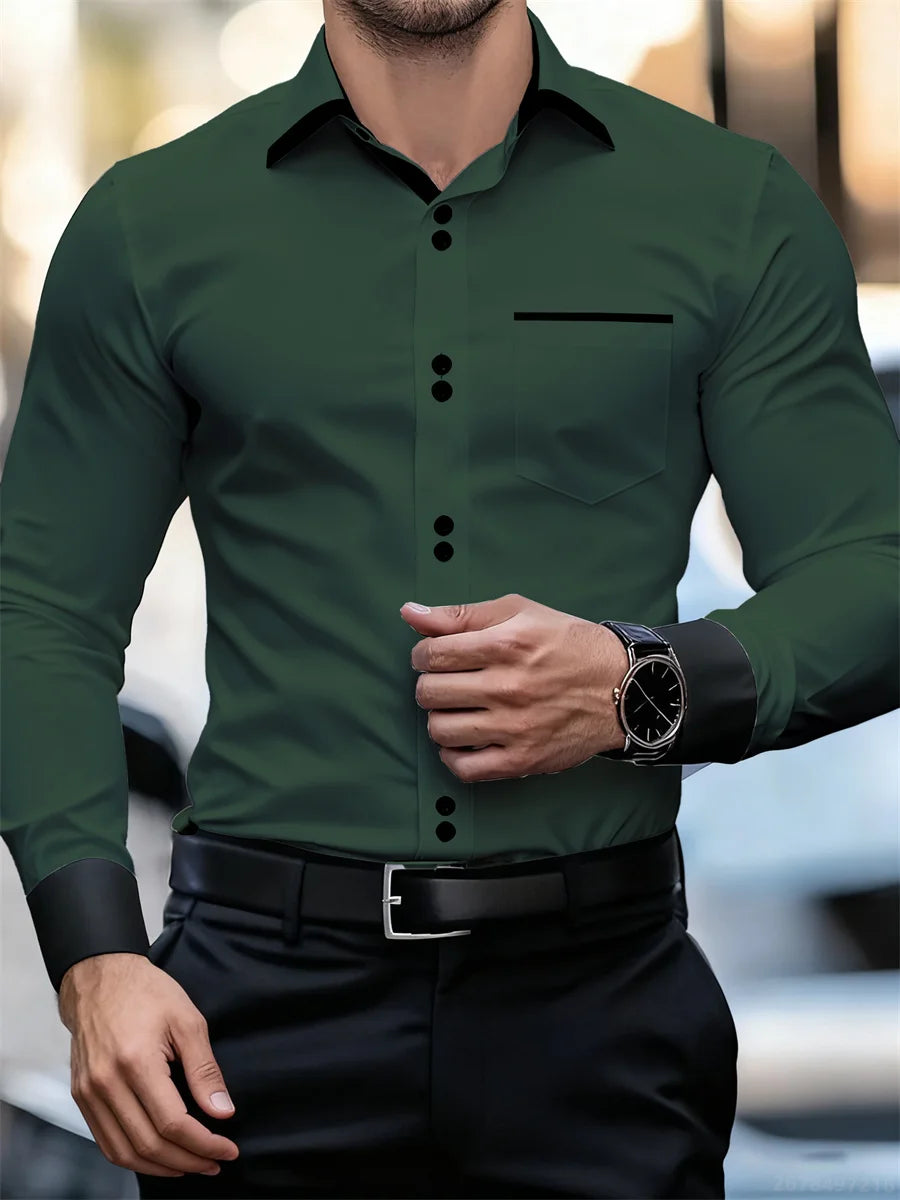 Men's black and white color block collar long sleeve shirt with slim fit, wrinkle-free patchwork design by Showlu Fashion.