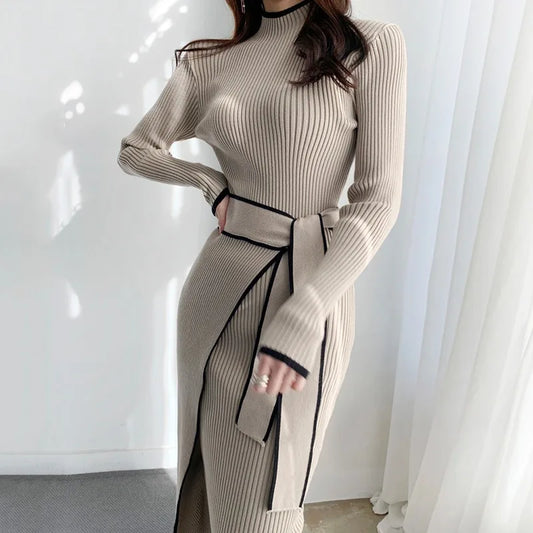 YuooMuoo Elegant Lace Up Turtleneck Knitted Long Dress Korean Fashion Khaki Black Rib Bandage Bodycon Sweater Dress Robe Femme