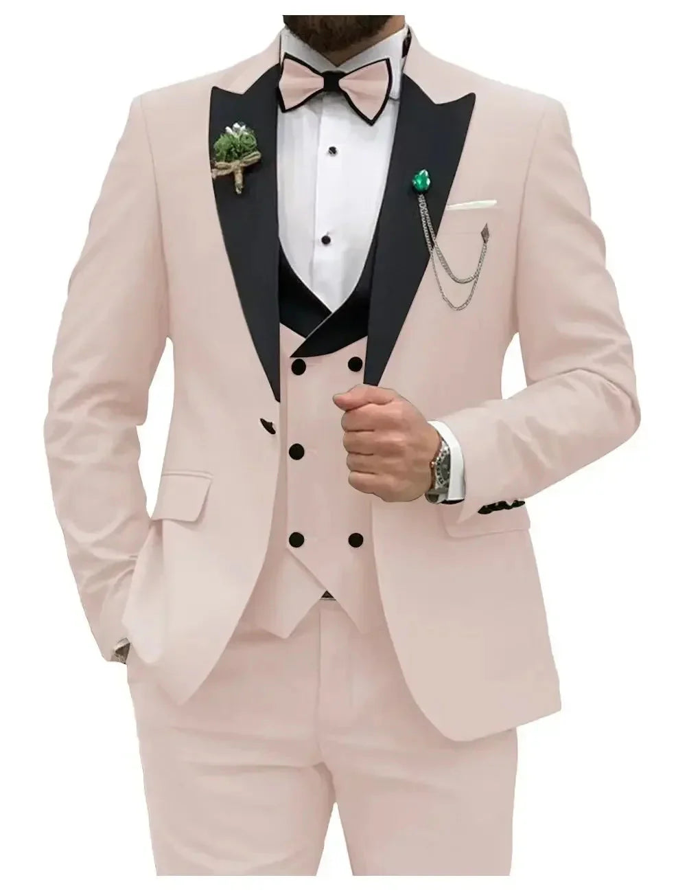 Men's slim fit 3-piece suit with peak lapel, formal business tuxedo, shown in classic black, from Showlu Fashion Store.