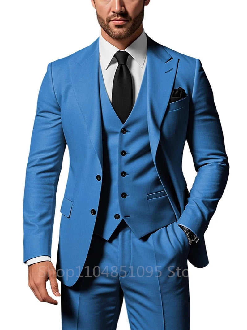Solid wedding men suit set with peak lapel jacket, dress pants, and vest, ideal for groom, prom, or formal events.