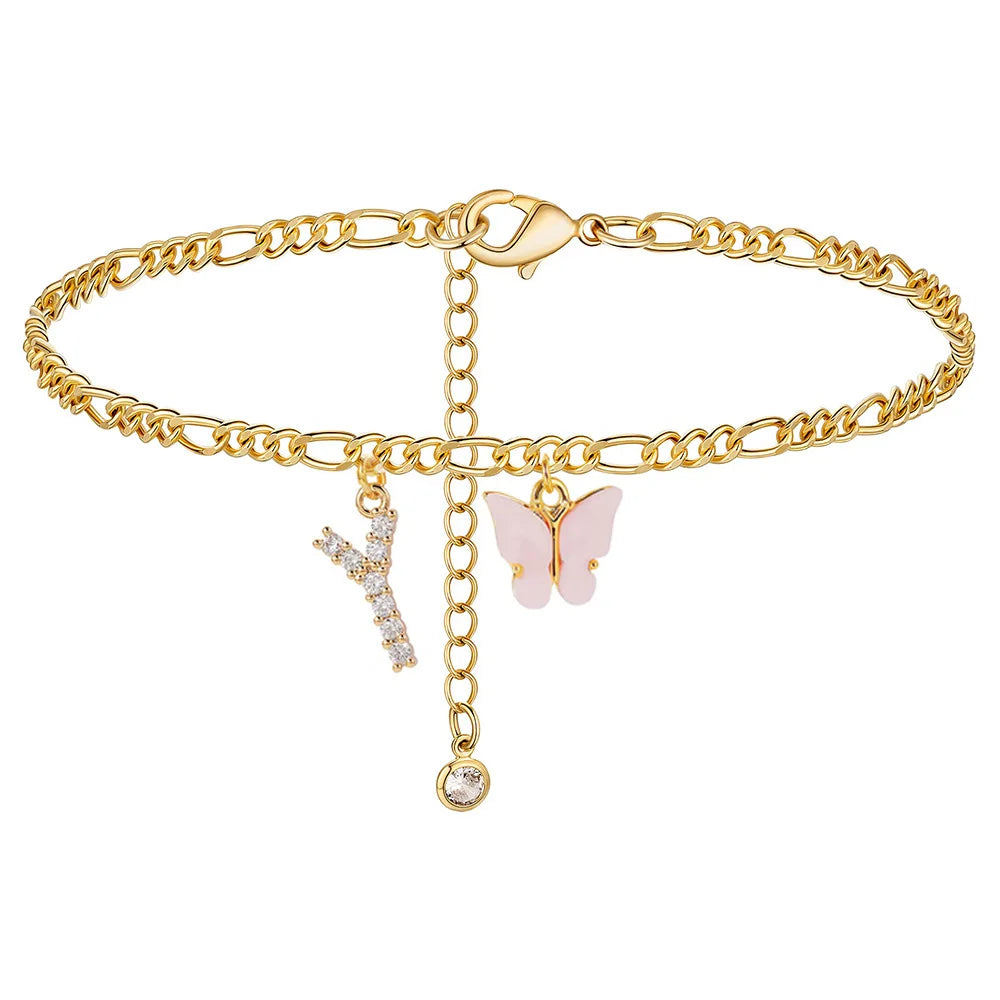 Stainless steel initial letter anklet with butterfly design, waterproof jewelry for women and girls, trendy leg chain accessory
