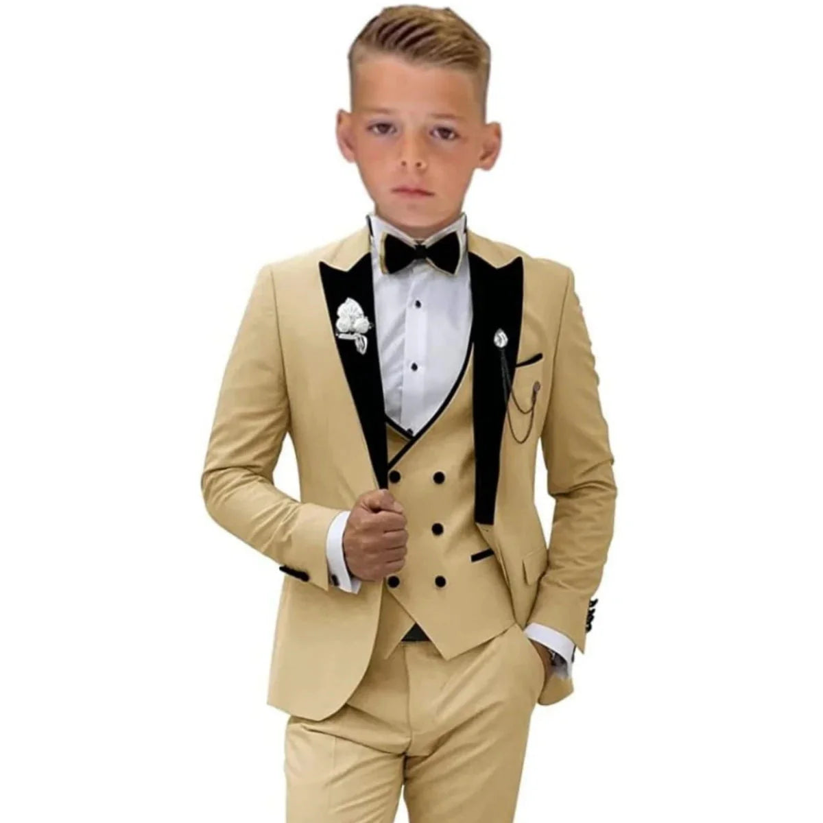 Boy's velvet tuxedo suit set by SHOWLU FASHION STORE, includes champagne blazer and matching formal vest and pants.