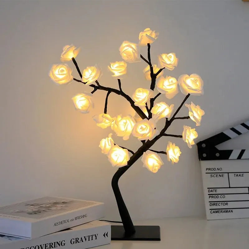 USB-powered LED rose tree lamp, decorative night light with blooming flower design, ideal for ambient home or bedroom decor.