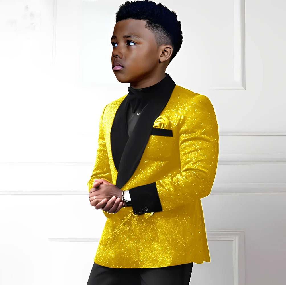 Sequin boys’ 2-piece suit with double-breasted blazer and matching pants, stylish wedding tuxedo outfit for kids ages 2 to 16.
