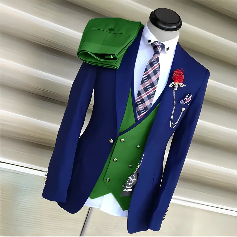 Royal blue men's 3-piece suit with yellow vest and tuxedo jacket, ideal for wedding groom attire, by Showlu Fashion.