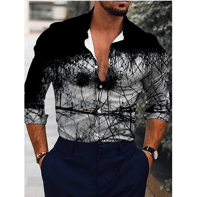 Hawaiian luxury designer men's long sleeve shirt with floral 3D print, casual single-breasted top by Showlu Fashion.