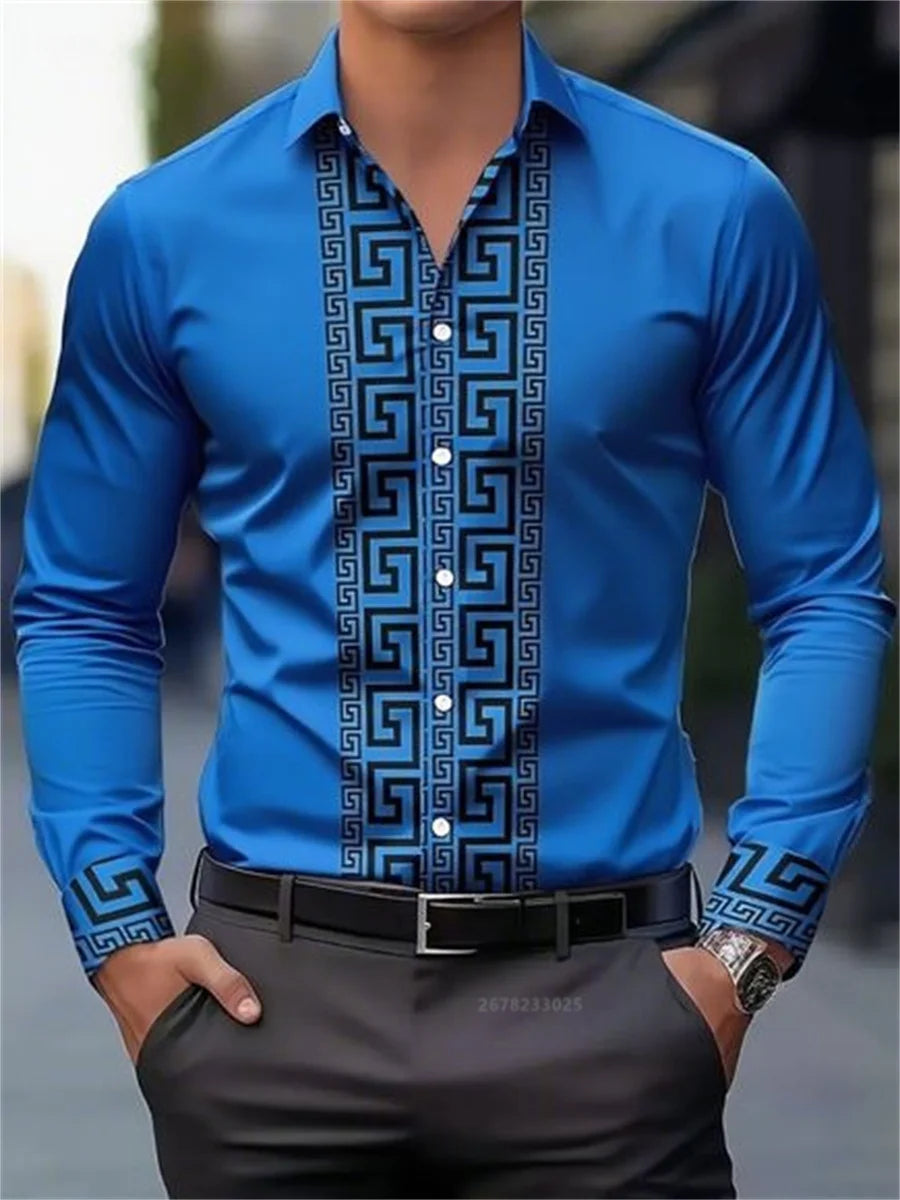 Men's patterned long-sleeved shirt with lapel buttons, casual and comfortable top by Showlu Fashion Store