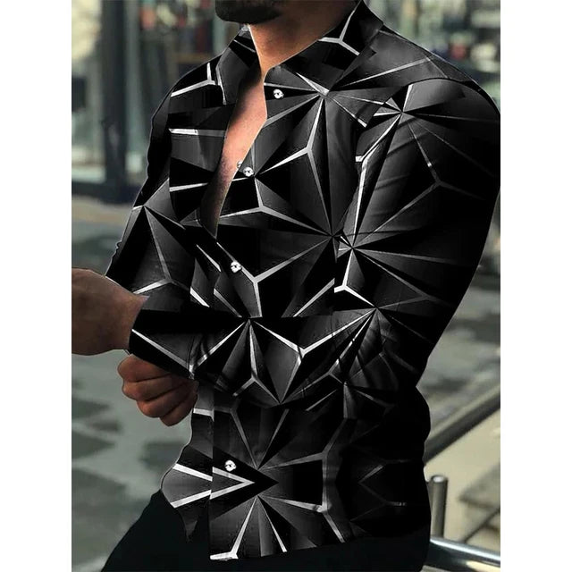 Luxury Hawaiian designer men's long sleeve shirt with floral 3D print, casual single-breasted shirt by Showlu Fashion.