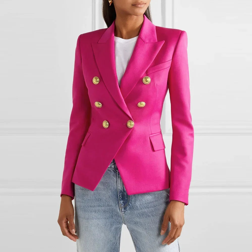 Women Blazer Coats Double Breasted Button Jackets Plaid Cardigan Long Sleeve Pockets Office Lady Work Turn Down Collar Jacket