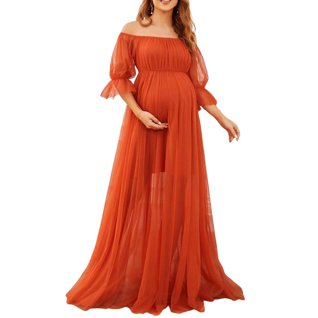 Off-shoulder tulle maternity dress with lace details, designed for photoshoots, by SHOWLU FASHION STORE.