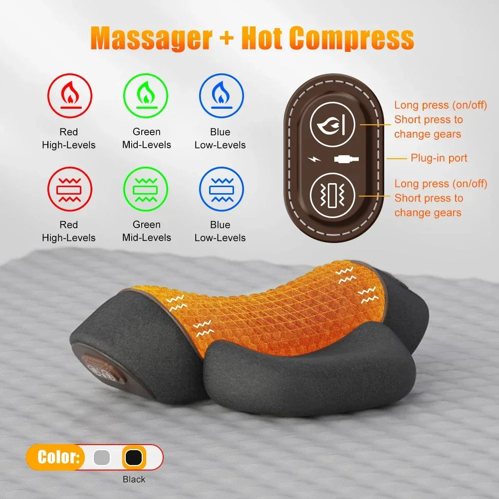Electric neck massager pillow with memory foam, heating, and vibration features for soothing neck relaxation.