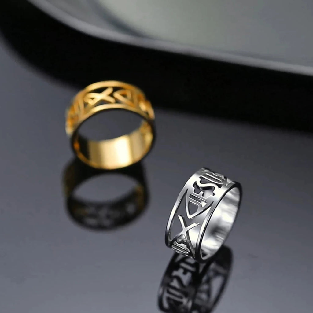 Stainless steel My Shape Jesus Fish ring featuring a Christian religious design, showcasing detailed fish symbol jewelry.