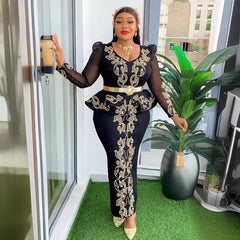 Women Wedding Bride Party Dress V Neck Luxury Hot Drill Long Sleeve Ruffle Hem Package Hip Elegant Evening Event Celebrate Gowns