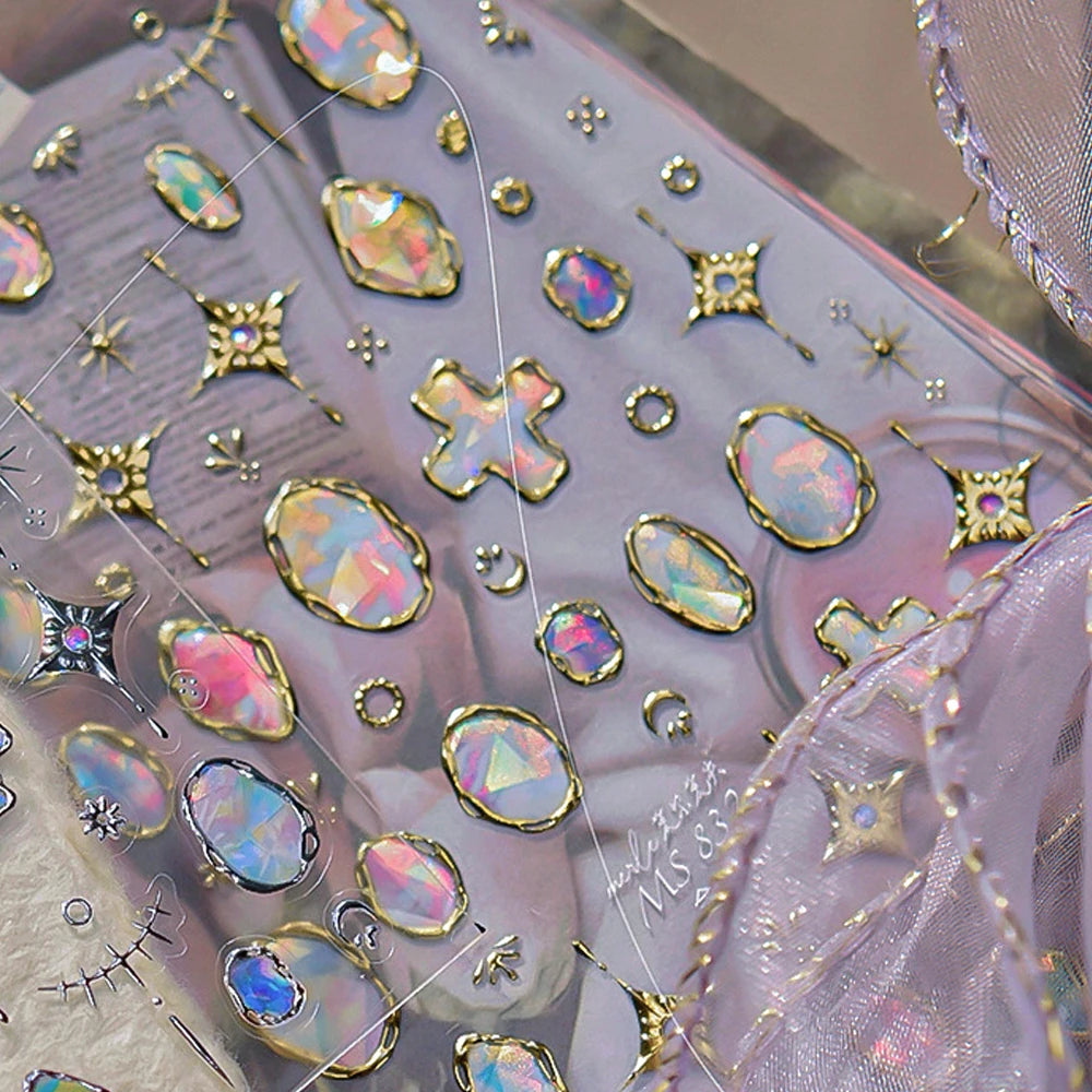 Elegant gold scepter 5D nail art stickers with gemstones and luxury courtly pattern for self-adhesive manicure decoration.