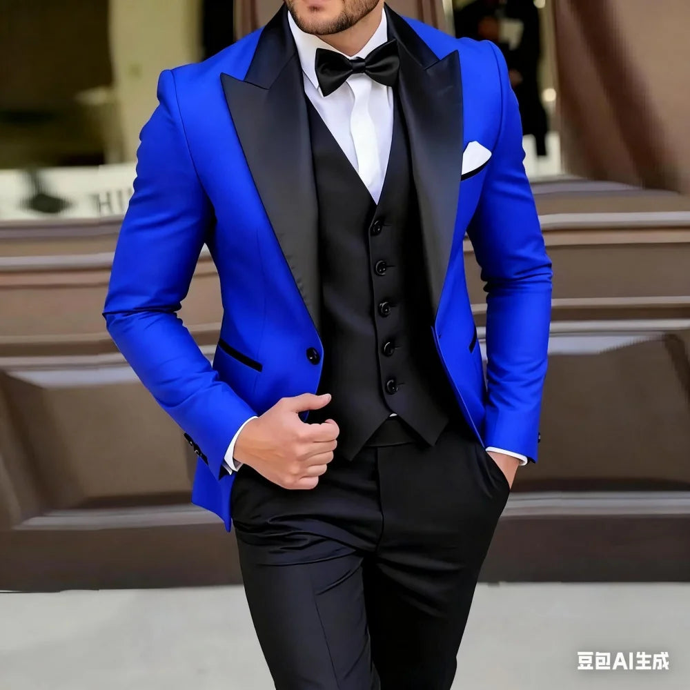 Men's green and black formal Terno suit set of 3 pieces by Showlu Smart General, including blazer for wedding and groomsmen attire.