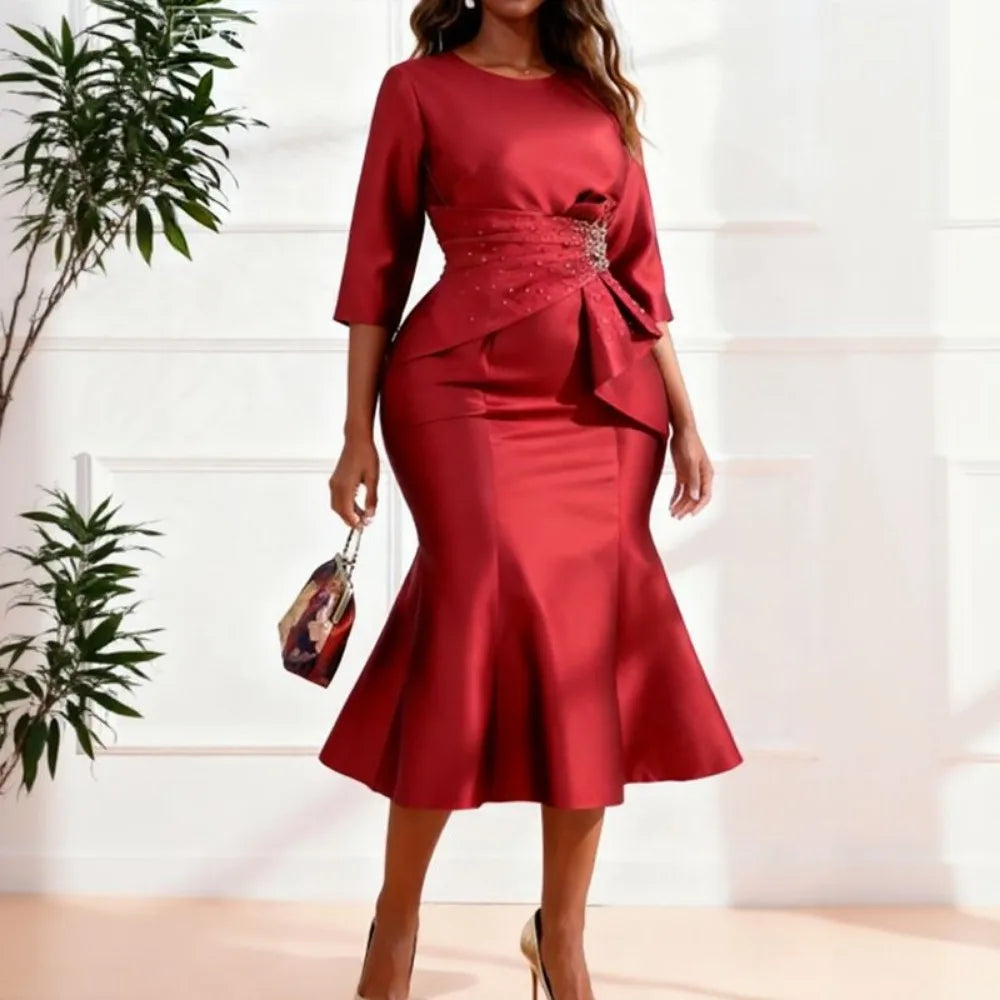 Elegant satin mermaid dress for women with rhinestones, O-neck, half sleeves, peplum waist, perfect for weddings and formal events.