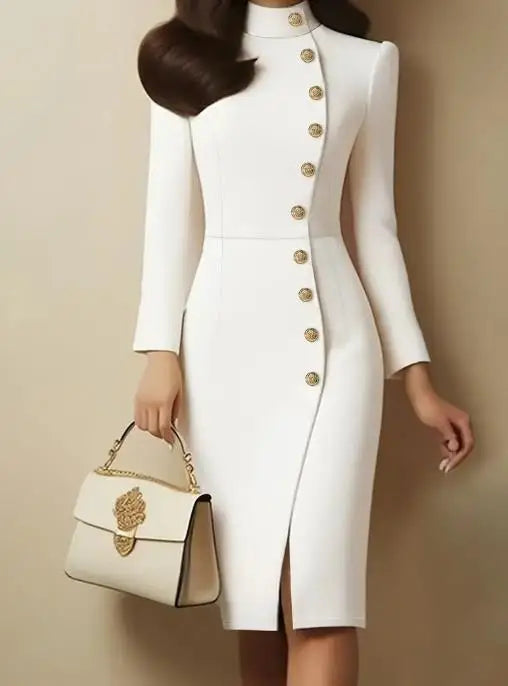 A white knee-length sheath dress with a stand-up collar, side slit, and gold button detailing.
