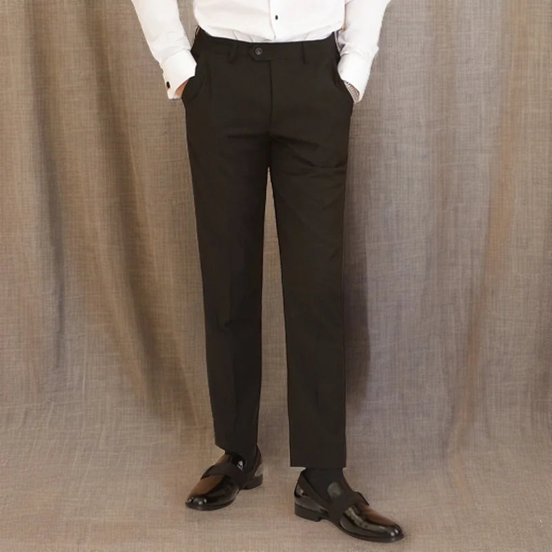 Black men's slim fit formal trousers with side satin stripe, showing the one-piece design and sleek style from Showlu Fashion Store.