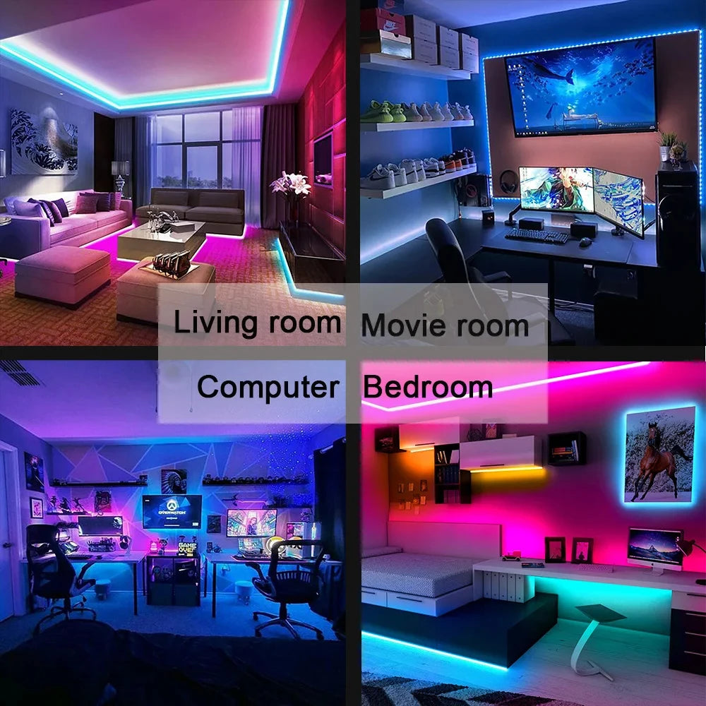 WiFi Smart LED Strip 5M by Showlu Smart General with colorful lighting, flexible design, mounted on a wall in a modern room setting.