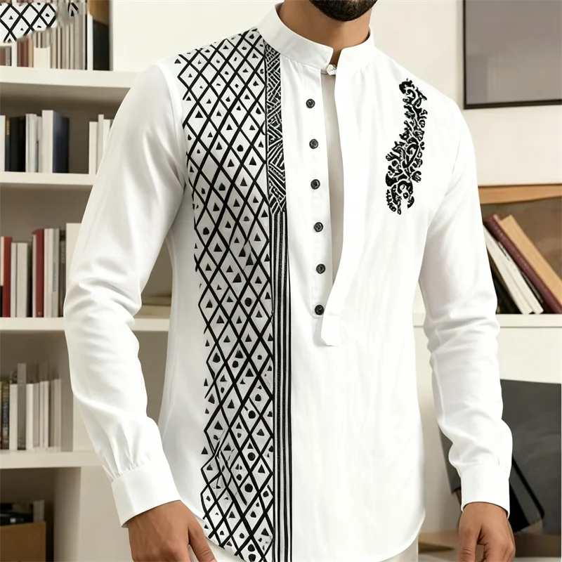 Men's long sleeve button shirt by Showlu Fashion, featuring a loose fit, 7-button Henley style, ideal for casual wear.