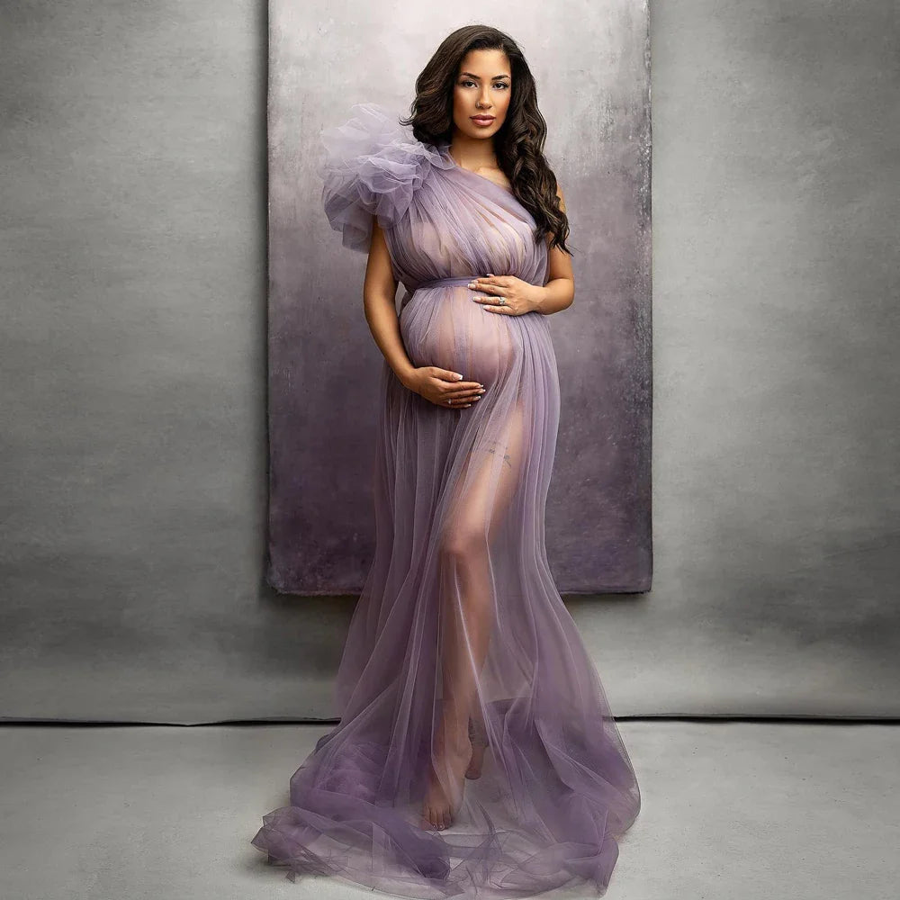 Sexy one-shoulder mesh maternity photography dress by SHOWLU FASHION STORE, featuring a flowing design perfect for special photoshoots.