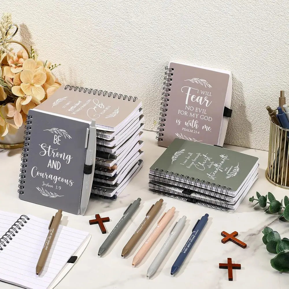 Showlu Christian spiral notebooks and Bible verse pens set, featuring colorful designs and inspirational quotes, ideal for faith journaling.