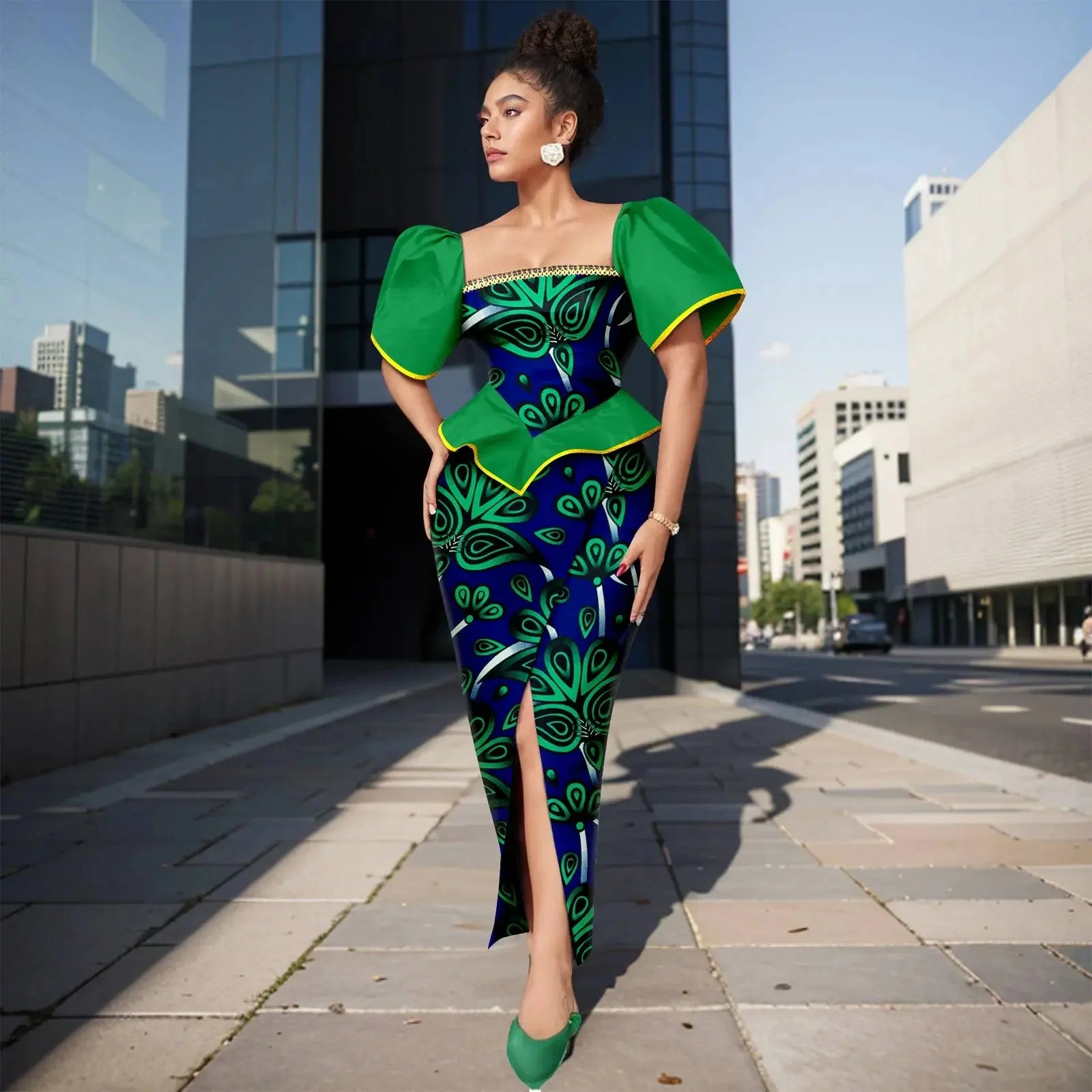 AFRIPRIDE women's Ankara print square neck puff sleeve A-line dress, vibrant fabric and stylish design.