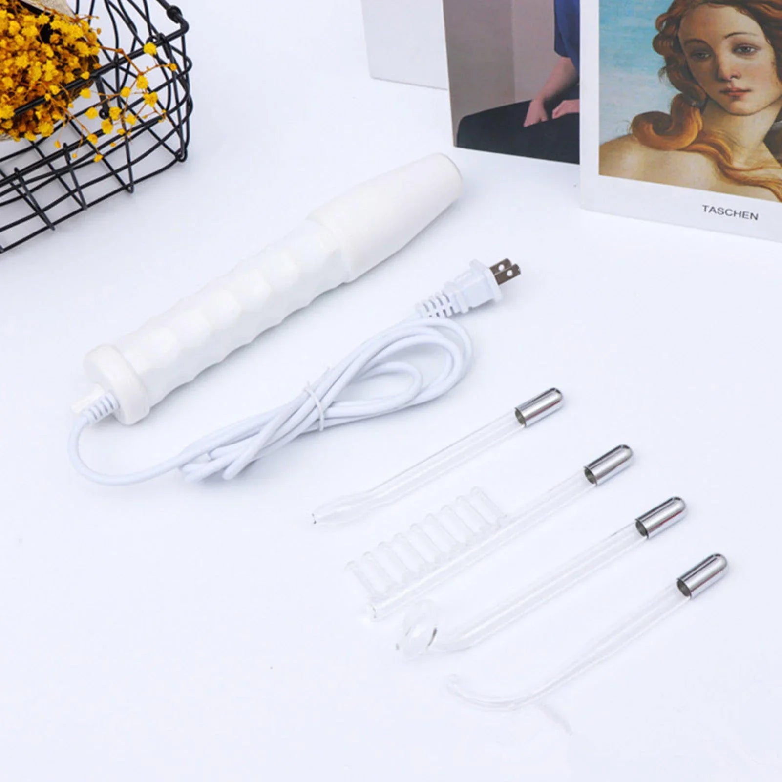 Portable Omsblkin 4-in-1 Microcurrent Facial Device by SHOWLU FASHION STORE showing the skin care wand with multiple treatment heads