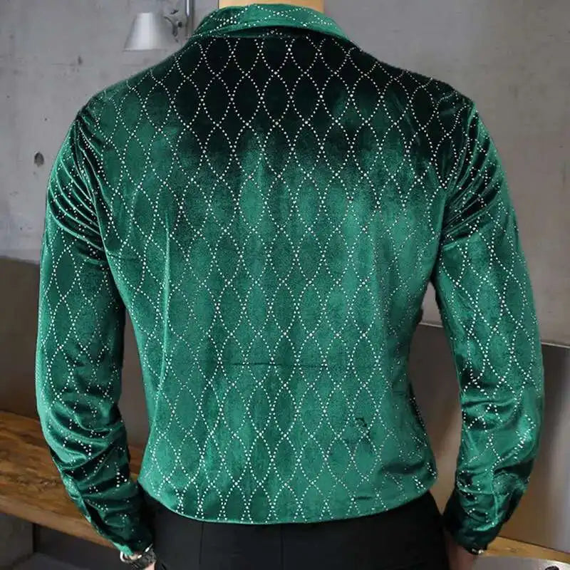 Dark green velvet long sleeve dress shirt for men, slim fit, British style, 2023 fall fashion, by Showlu Fashion Store