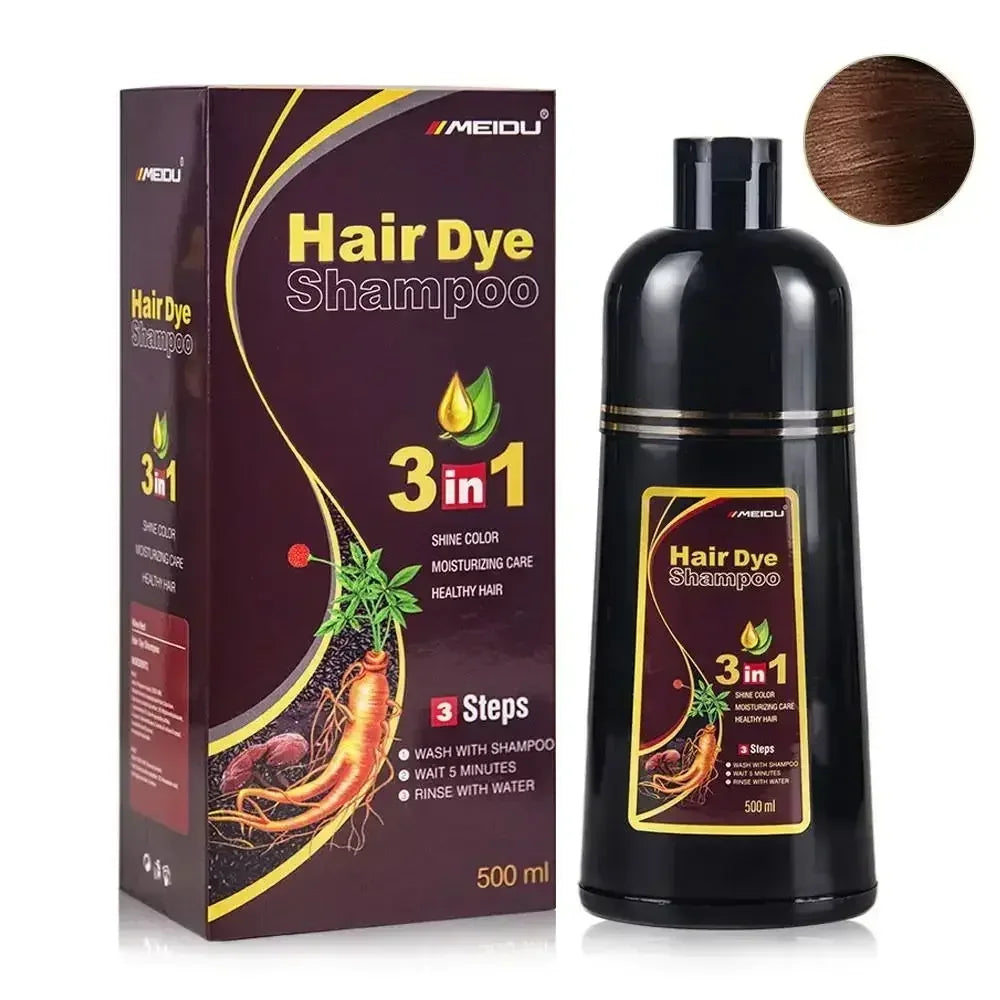 Showlu 3-in-1 herbal hair dye shampoo in natural black and brown, 500ml, with herbal ingredients for hair coloring and care.