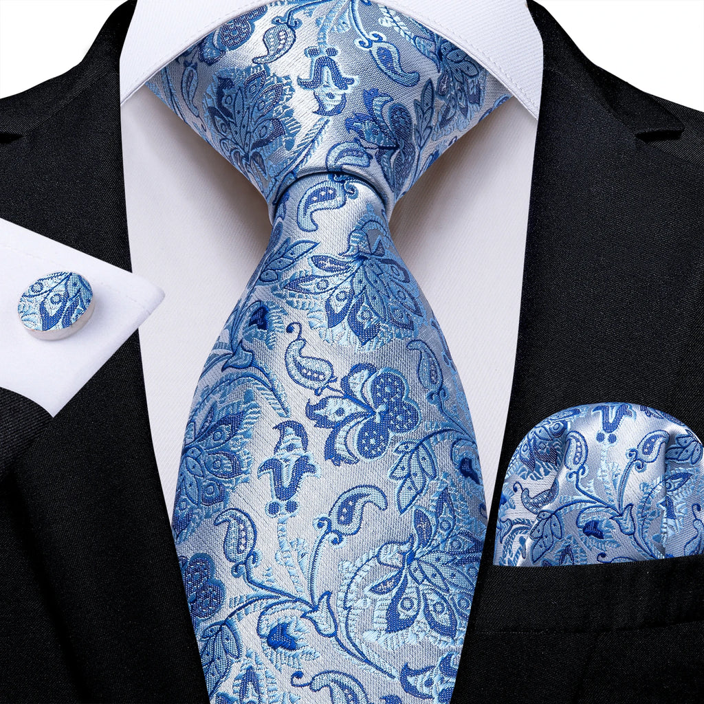 New Classic 100% Silk Men's Ties 8cm Blue Plaid Dot Striped Business Necktie Handkerchief Wedding Party Tie Set Gravatas DiBanGu