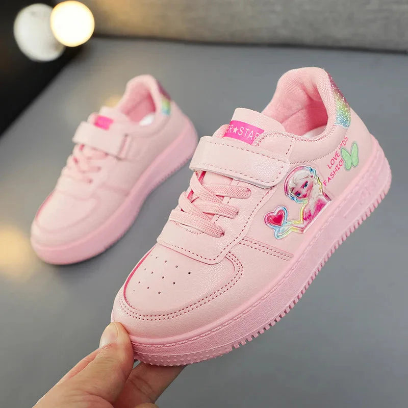 Disney Princess Elsa girls' fashion sneakers with breathable PU leather, featuring a stylish design and comfortable fit.