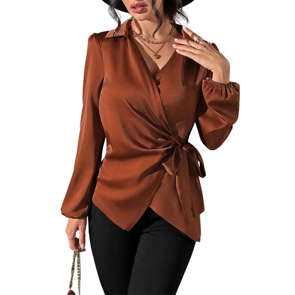 Elegant Showlu Women's long sleeve waist blouse with side lace-up detail, perfect for stylish casual or formal wear.