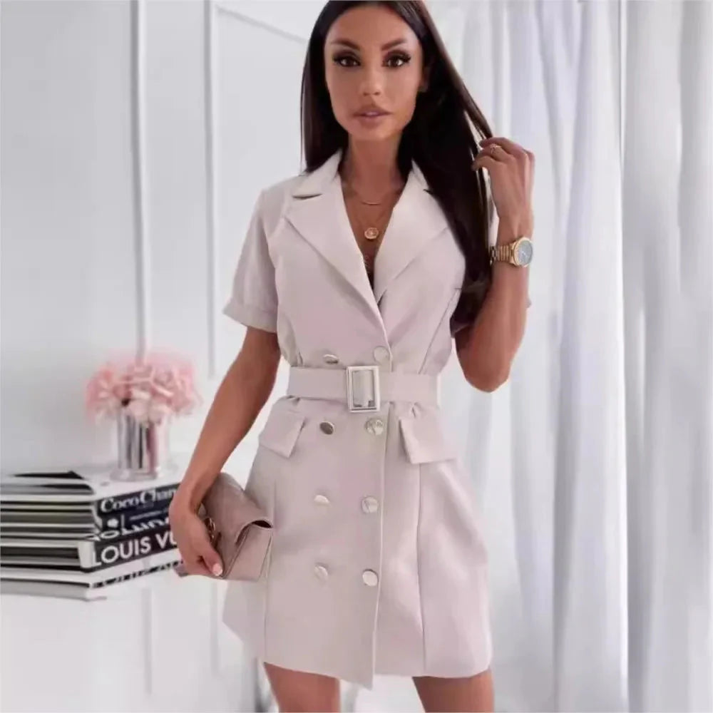 Showlu Rose Red double-breasted mini blazer dress with belt for women, stylish and fitted, perfect for casual or office wear.