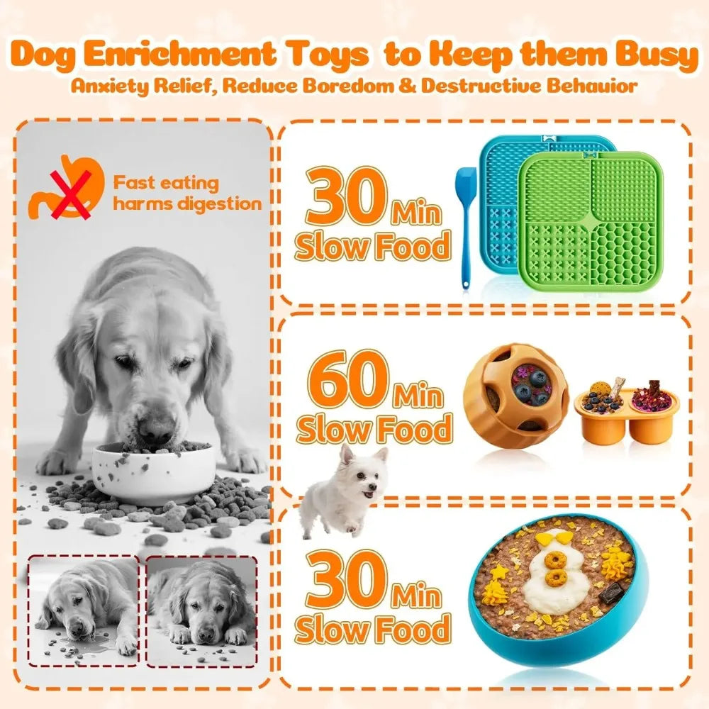 Dog enrichment toys including lick mats, puzzle balls, and bowls for peanut butter treats, designed to reduce anxiety and boredom.