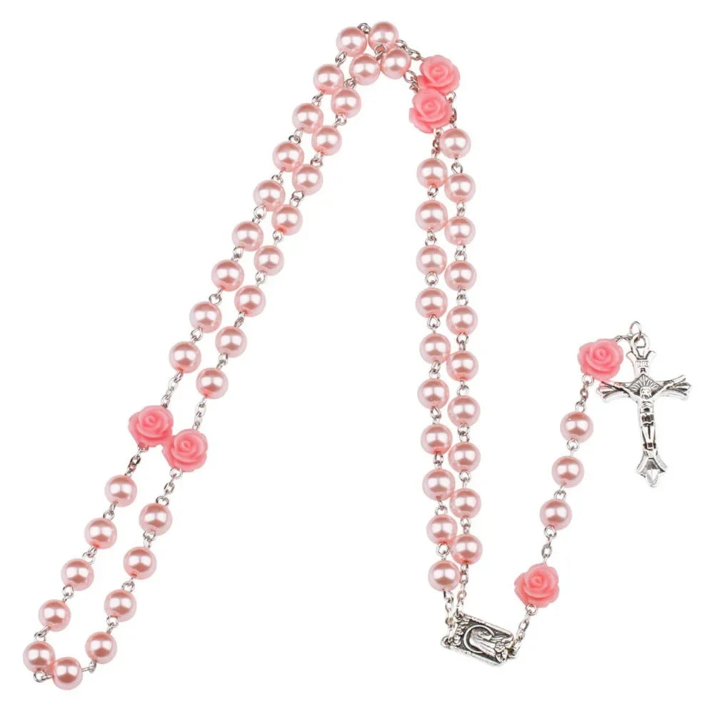 Pink rosary necklace for women with rose glass beads, crucifix cross pendant, and INRI charm, long religious jewelry.